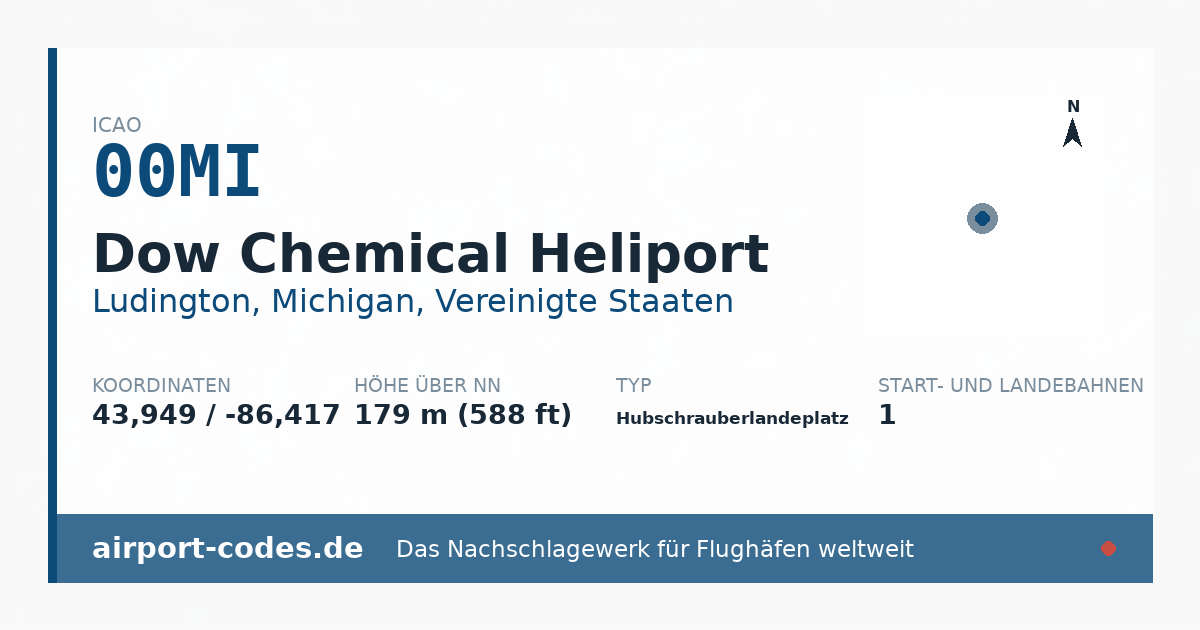 Generierte Übersichtsgrafik zum Flughafen Dow Chemical Heliport mit Codes, Koordinaten und Bahnenskizze