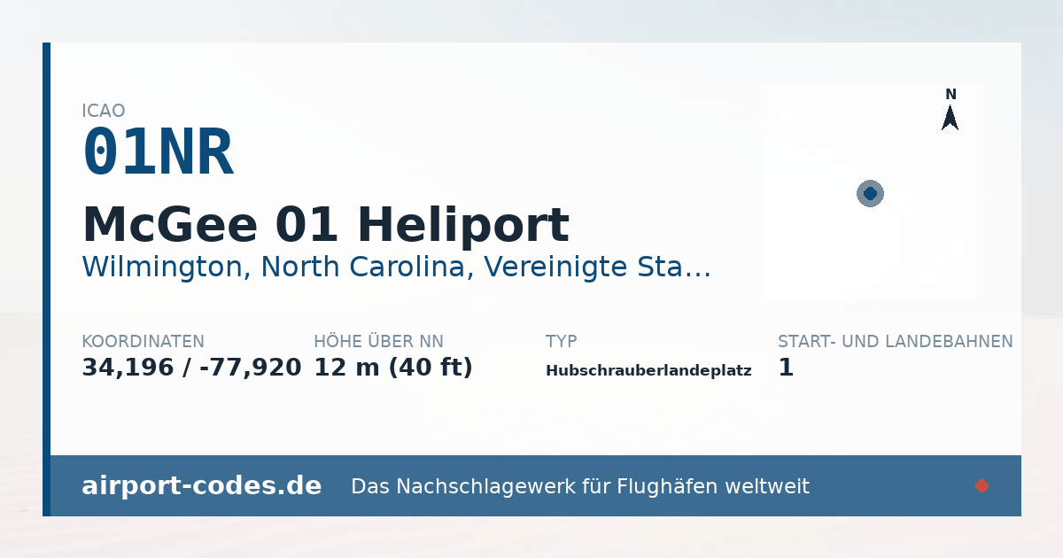Generierte Übersichtsgrafik zum Flughafen McGee 01 Heliport mit Codes, Koordinaten und Bahnenskizze