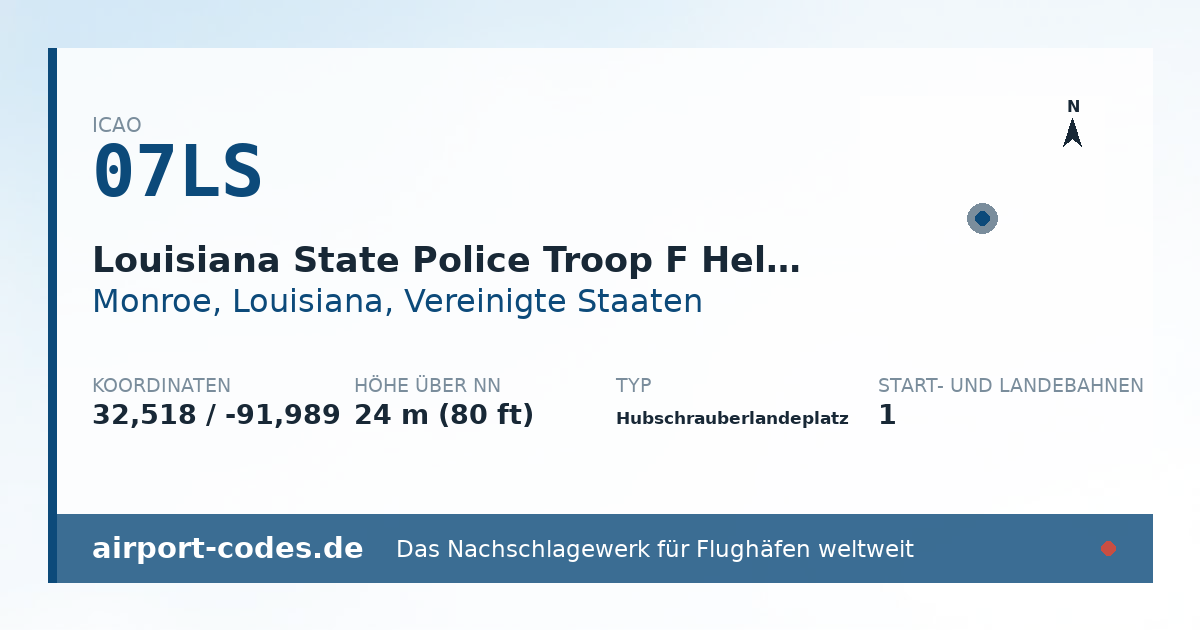 Generierte Übersichtsgrafik zum Flughafen Louisiana State Police Troop F Heliport mit Codes, Koordinaten und Bahnenskizze