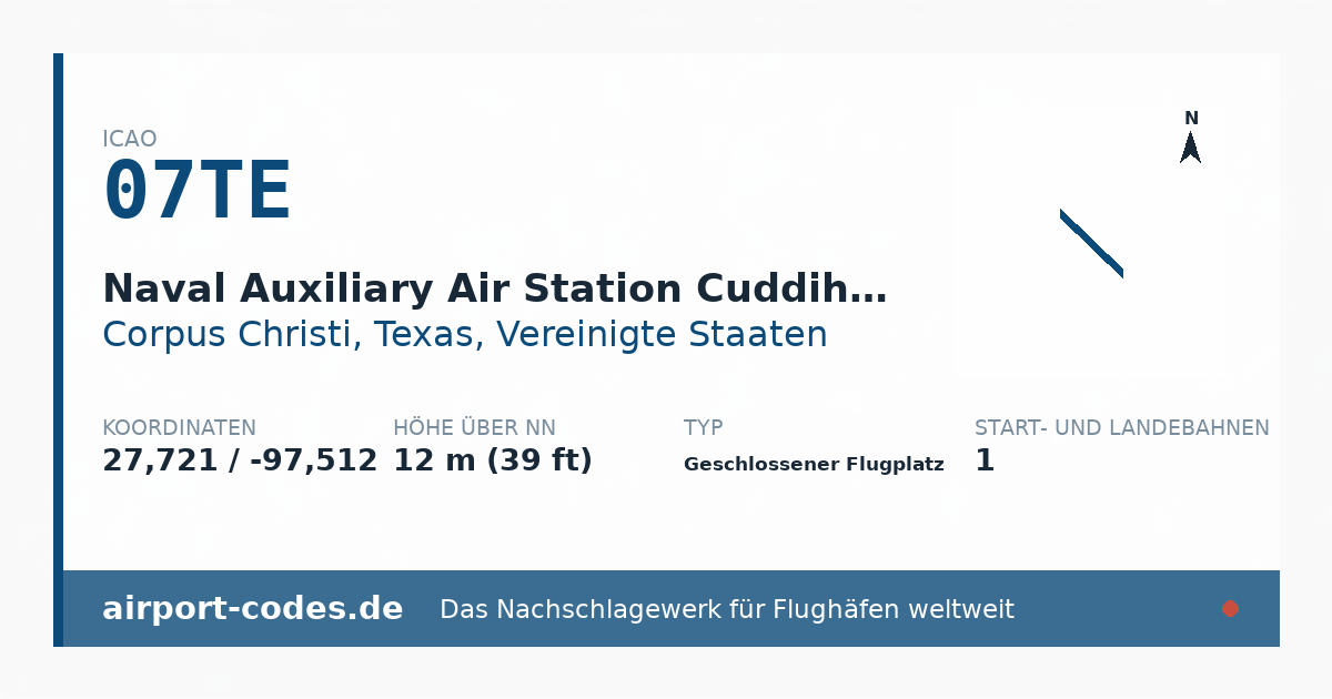 Generierte Übersichtsgrafik zum Flughafen Naval Auxiliary Air Station Cuddihy Field mit Codes, Koordinaten und Bahnenskizze