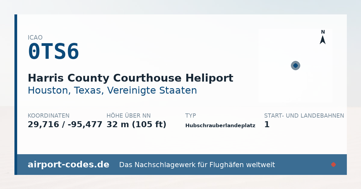 Generierte Übersichtsgrafik zum Flughafen Harris County Courthouse Heliport mit Codes, Koordinaten und Bahnenskizze