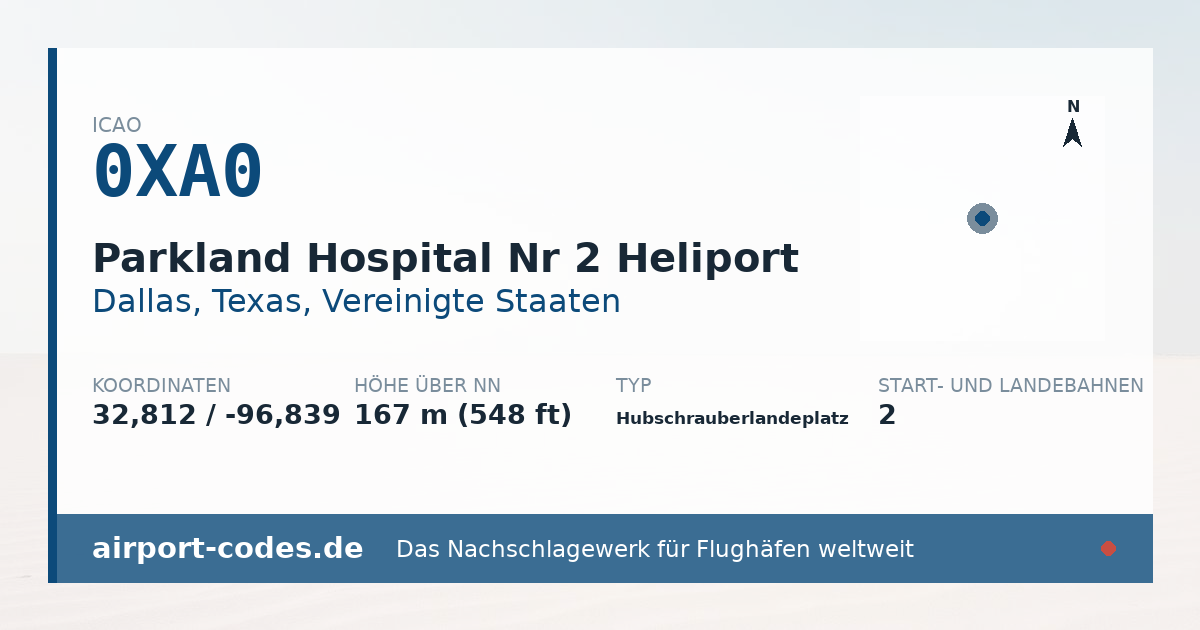 Generierte Übersichtsgrafik zum Flughafen Parkland Hospital Nr 2 Heliport mit Codes, Koordinaten und Bahnenskizze