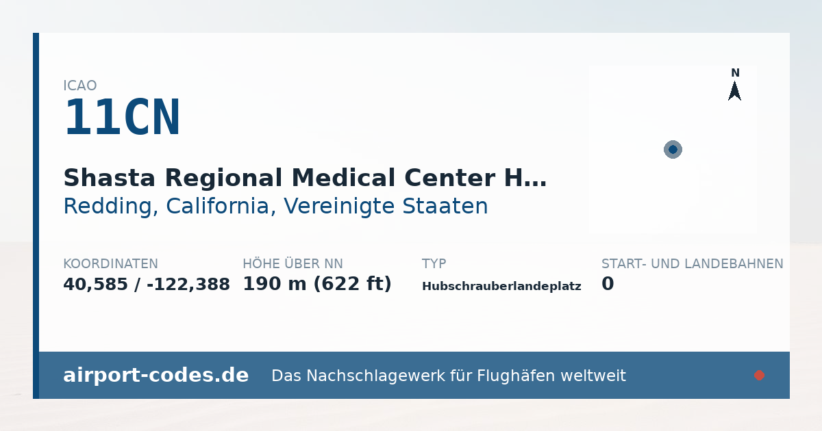 Generierte Übersichtsgrafik zum Flughafen Shasta Regional Medical Center Heliport mit Codes, Koordinaten und Bahnenskizze