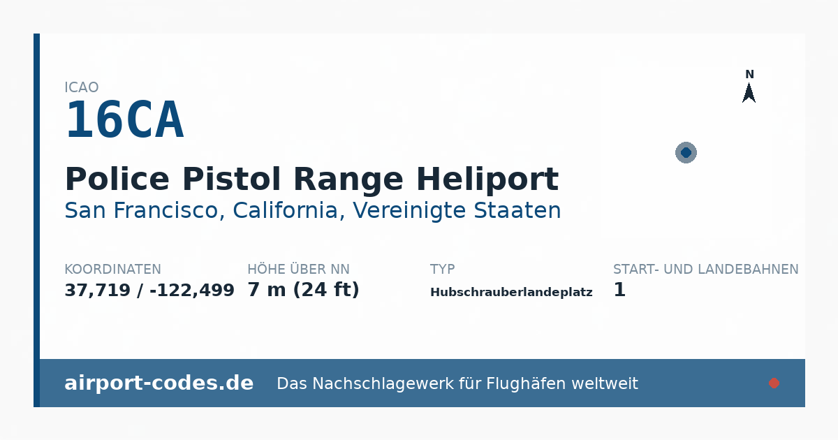 Generierte Übersichtsgrafik zum Flughafen Police Pistol Range Heliport mit Codes, Koordinaten und Bahnenskizze