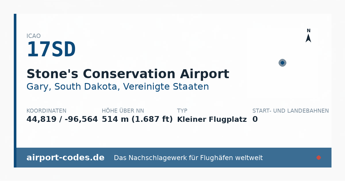 Generierte Übersichtsgrafik zum Flughafen Stone's Conservation Airport mit Codes, Koordinaten und Bahnenskizze
