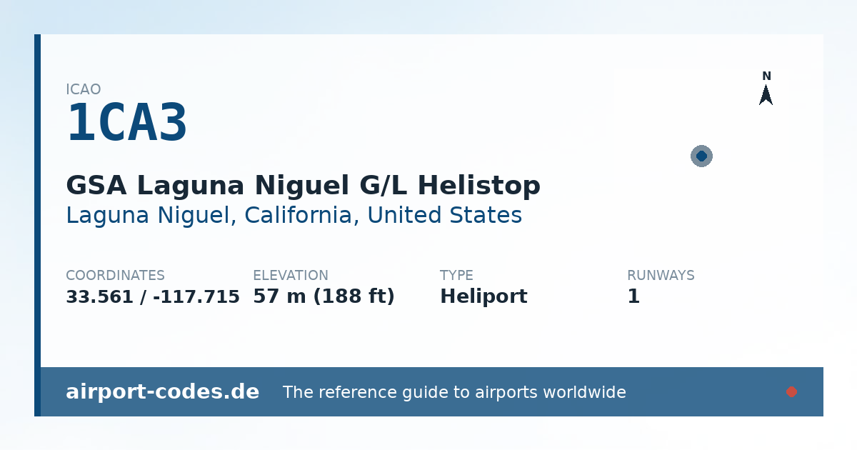 Generated summary graphic for GSA Laguna Niguel G/L Helistop showing codes, coordinates and a runway sketch