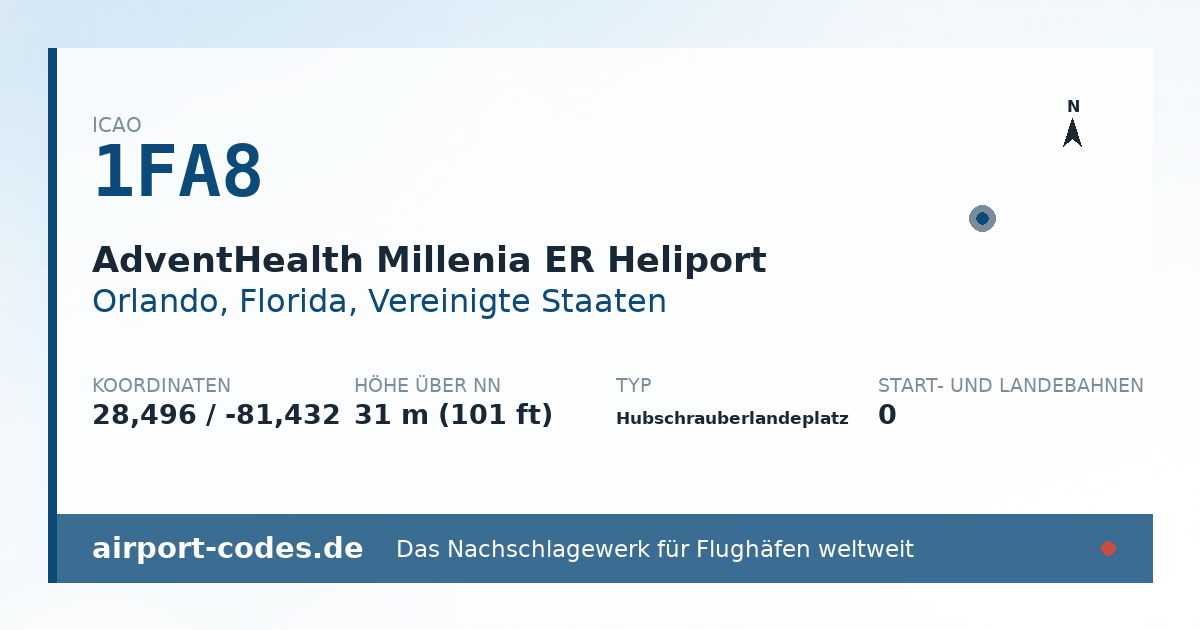 Generierte Übersichtsgrafik zum Flughafen AdventHealth Millenia ER Heliport mit Codes, Koordinaten und Bahnenskizze