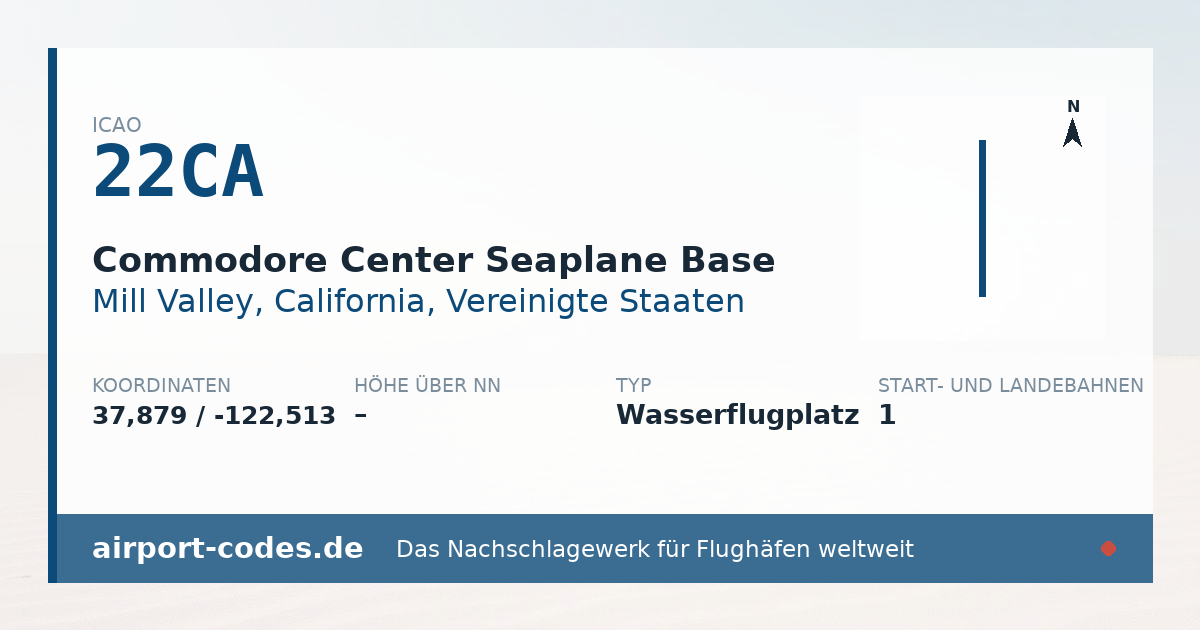 Generierte Übersichtsgrafik zum Flughafen Commodore Center Seaplane Base mit Codes, Koordinaten und Bahnenskizze