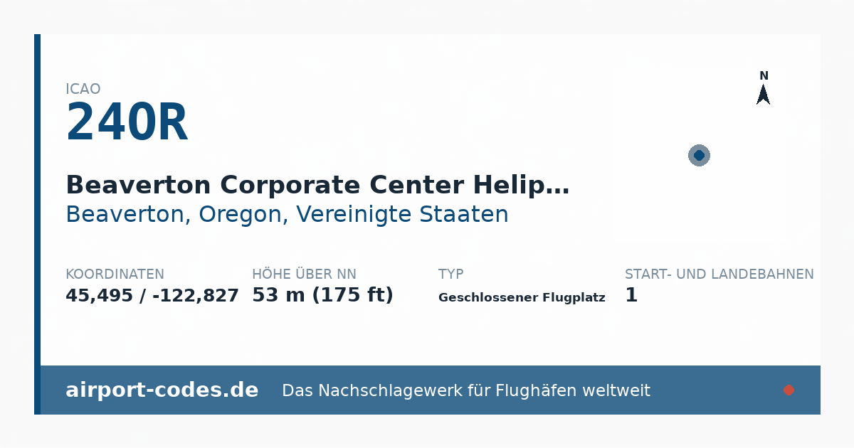Generierte Übersichtsgrafik zum Flughafen Beaverton Corporate Center Heliport mit Codes, Koordinaten und Bahnenskizze