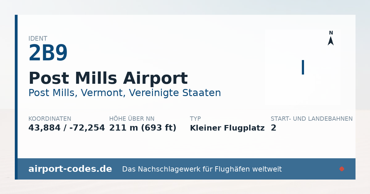 Generierte Übersichtsgrafik zum Flughafen Post Mills Airport mit Codes, Koordinaten und Bahnenskizze
