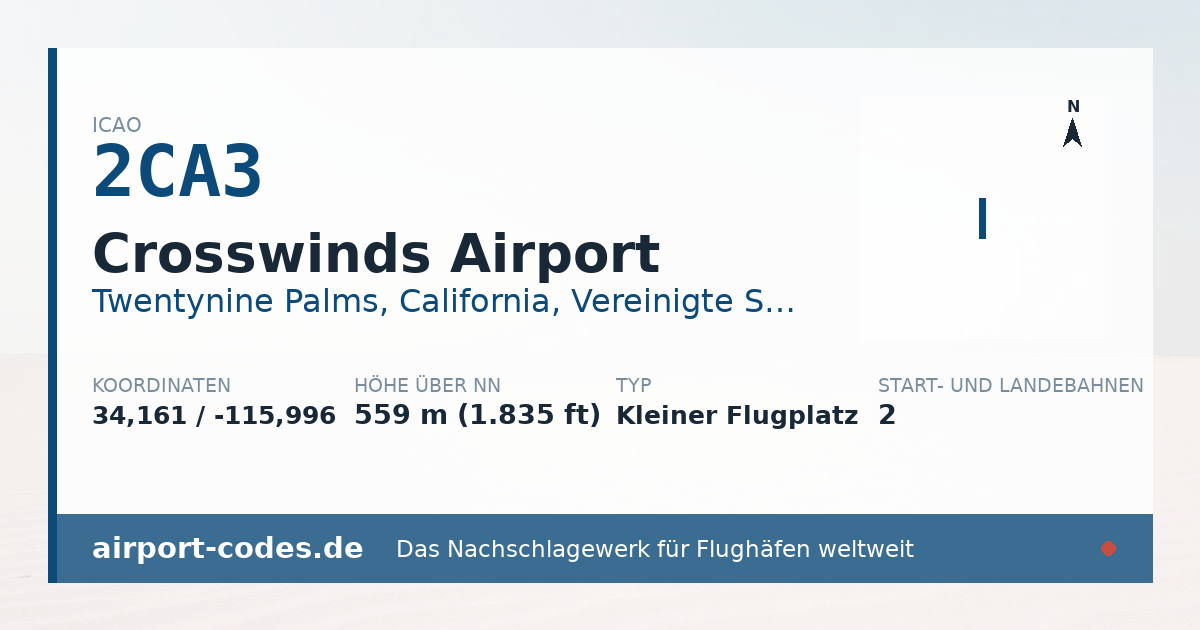 Generierte Übersichtsgrafik zum Flughafen Crosswinds Airport mit Codes, Koordinaten und Bahnenskizze