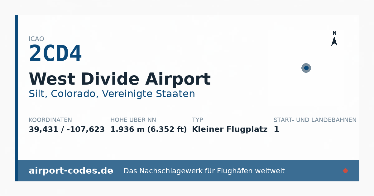 Generierte Übersichtsgrafik zum Flughafen West Divide Airport mit Codes, Koordinaten und Bahnenskizze