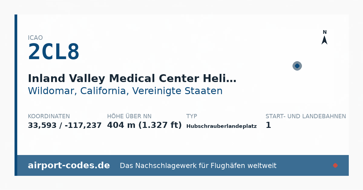 Generierte Übersichtsgrafik zum Flughafen Inland Valley Medical Center Heliport mit Codes, Koordinaten und Bahnenskizze