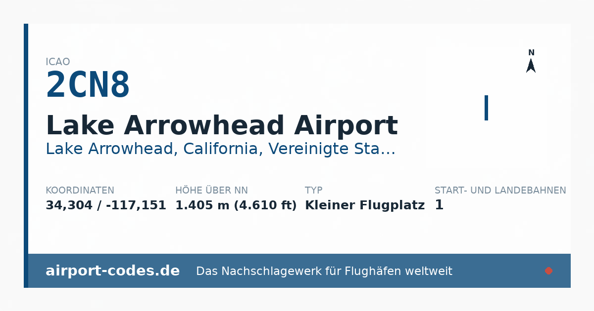 Generierte Übersichtsgrafik zum Flughafen Lake Arrowhead Airport mit Codes, Koordinaten und Bahnenskizze