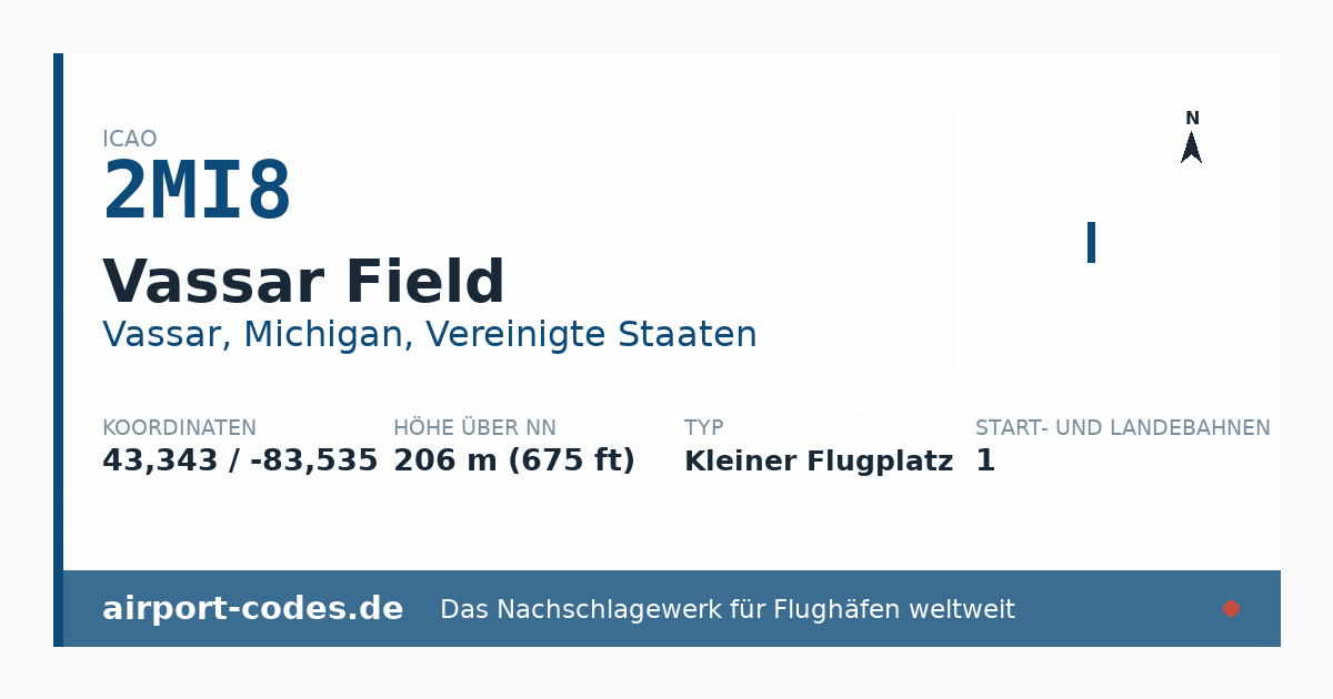 Generierte Übersichtsgrafik zum Flughafen Vassar Field mit Codes, Koordinaten und Bahnenskizze