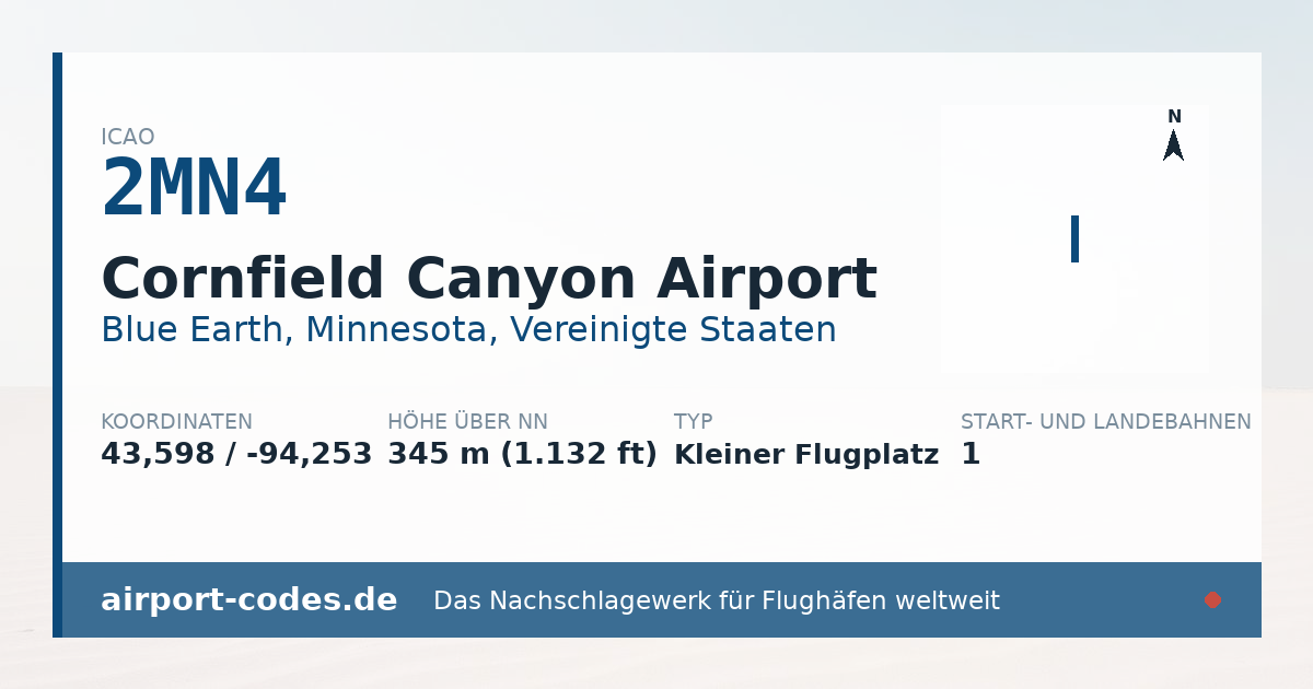 Generierte Übersichtsgrafik zum Flughafen Cornfield Canyon Airport mit Codes, Koordinaten und Bahnenskizze