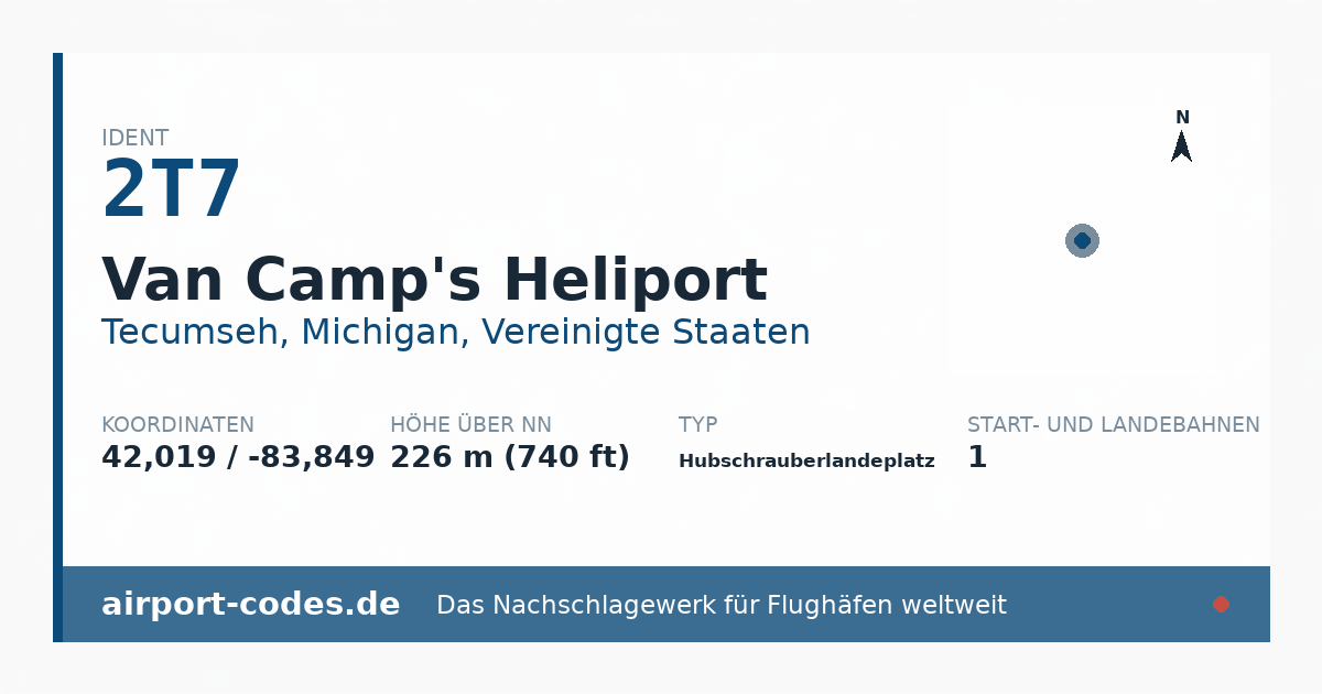 Generierte Übersichtsgrafik zum Flughafen Van Camp's Heliport mit Codes, Koordinaten und Bahnenskizze