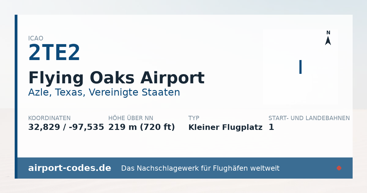 Generierte Übersichtsgrafik zum Flughafen Flying Oaks Airport mit Codes, Koordinaten und Bahnenskizze