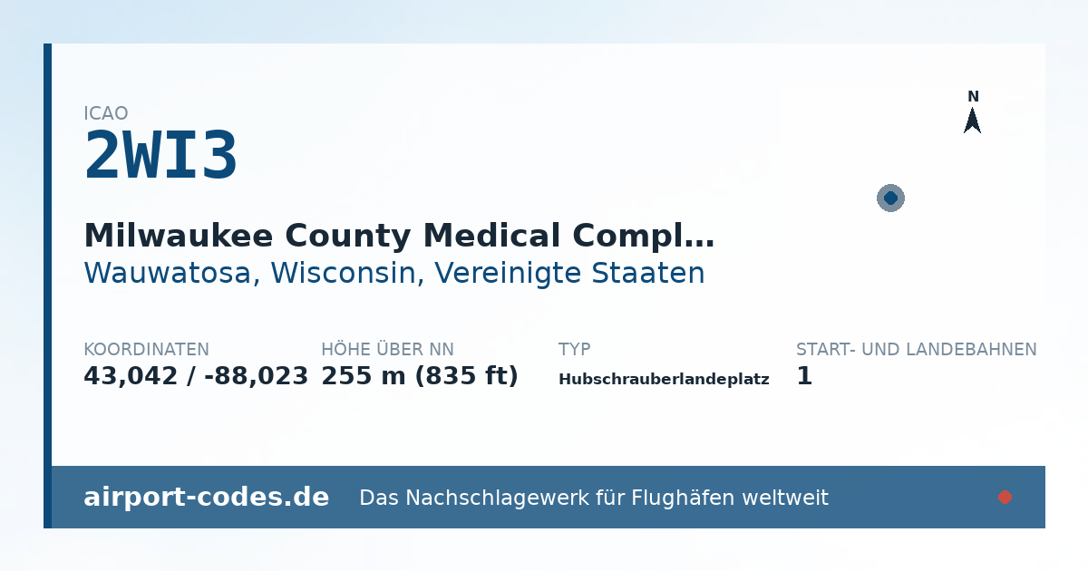 Generierte Übersichtsgrafik zum Flughafen Milwaukee County Medical Complex Heliport mit Codes, Koordinaten und Bahnenskizze