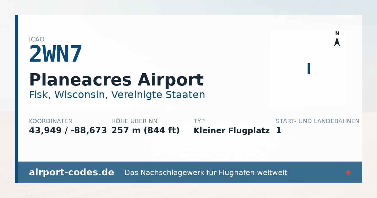 Generierte Übersichtsgrafik zum Flughafen Planeacres Airport mit Codes, Koordinaten und Bahnenskizze