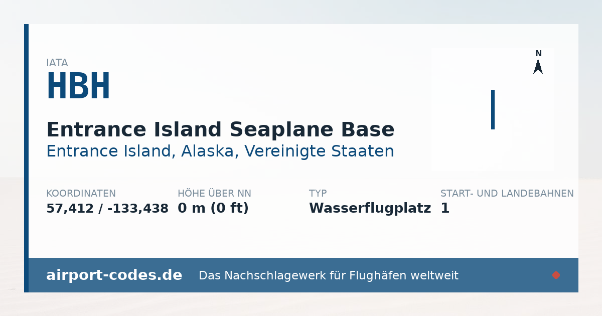 Generierte Übersichtsgrafik zum Flughafen Entrance Island Seaplane Base mit Codes, Koordinaten und Bahnenskizze