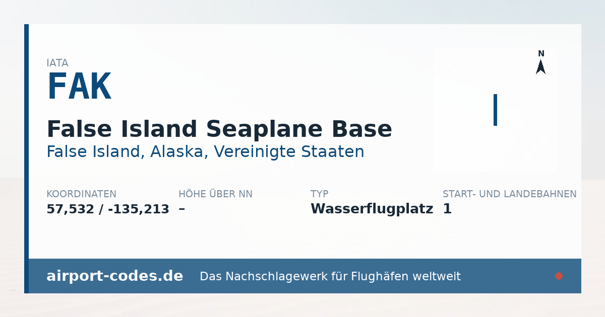 Generierte Übersichtsgrafik zum Flughafen False Island Seaplane Base mit Codes, Koordinaten und Bahnenskizze