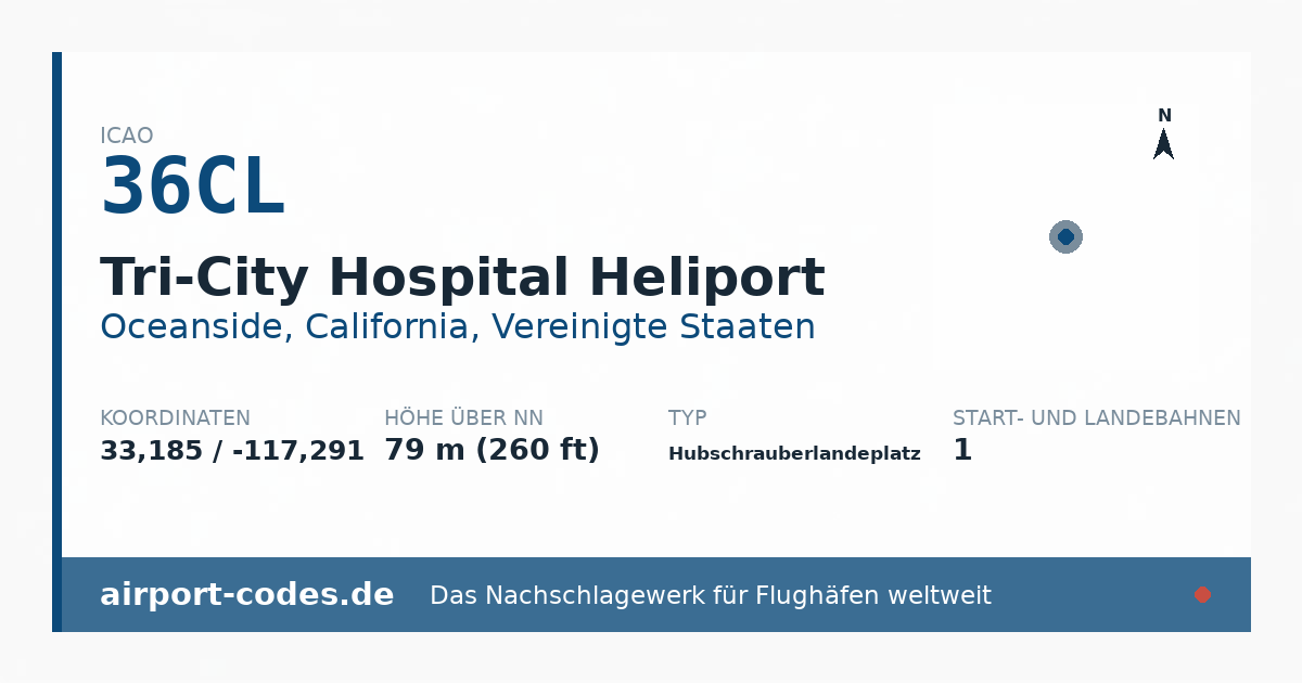 Generierte Übersichtsgrafik zum Flughafen Tri-City Hospital Heliport mit Codes, Koordinaten und Bahnenskizze