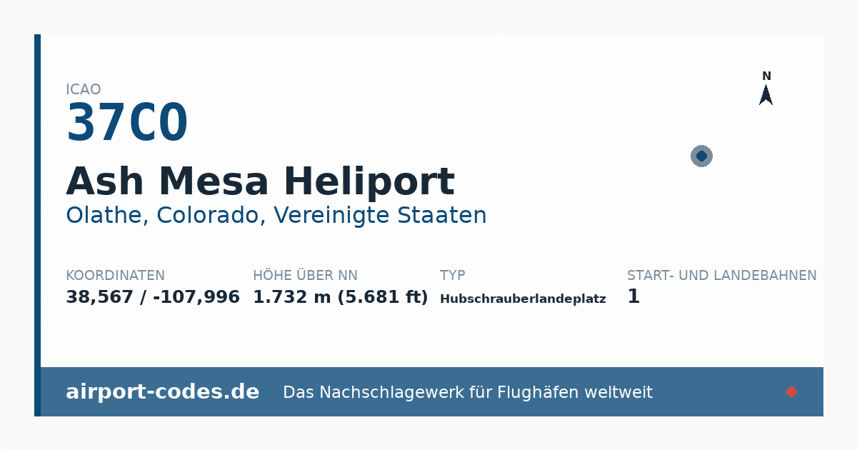 Generierte Übersichtsgrafik zum Flughafen Ash Mesa Heliport mit Codes, Koordinaten und Bahnenskizze