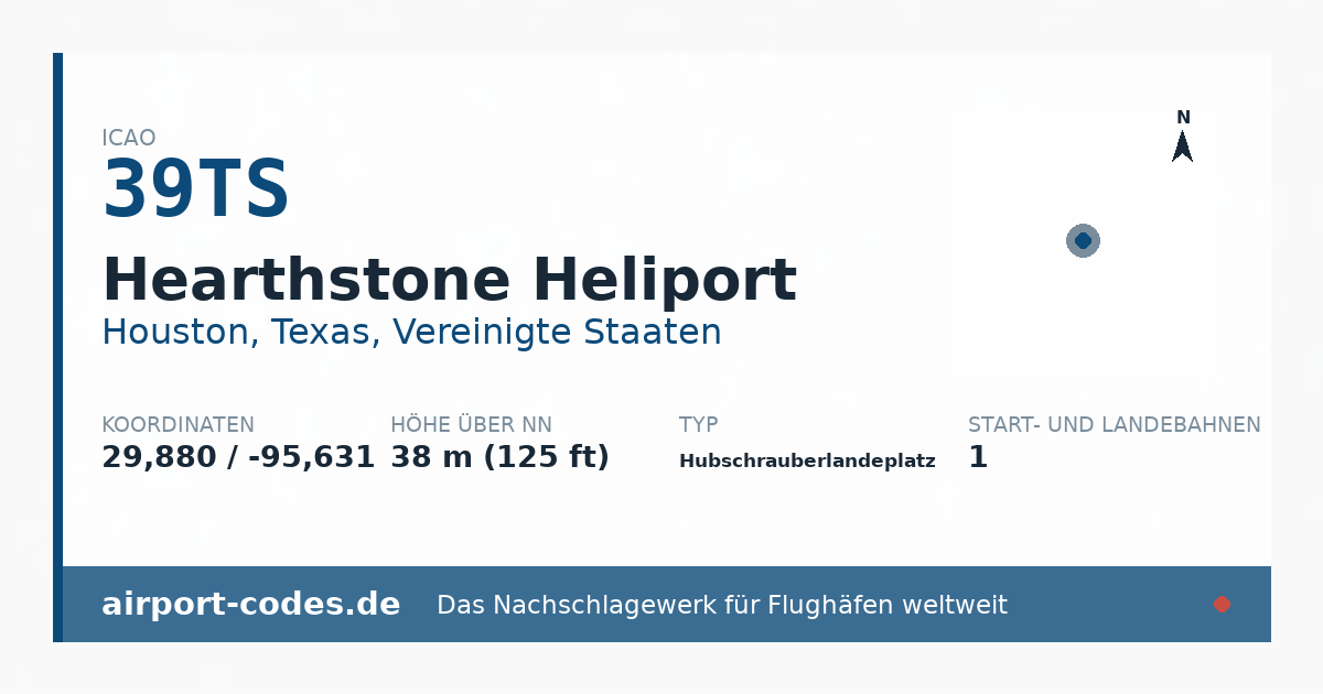 Generierte Übersichtsgrafik zum Flughafen Hearthstone Heliport mit Codes, Koordinaten und Bahnenskizze