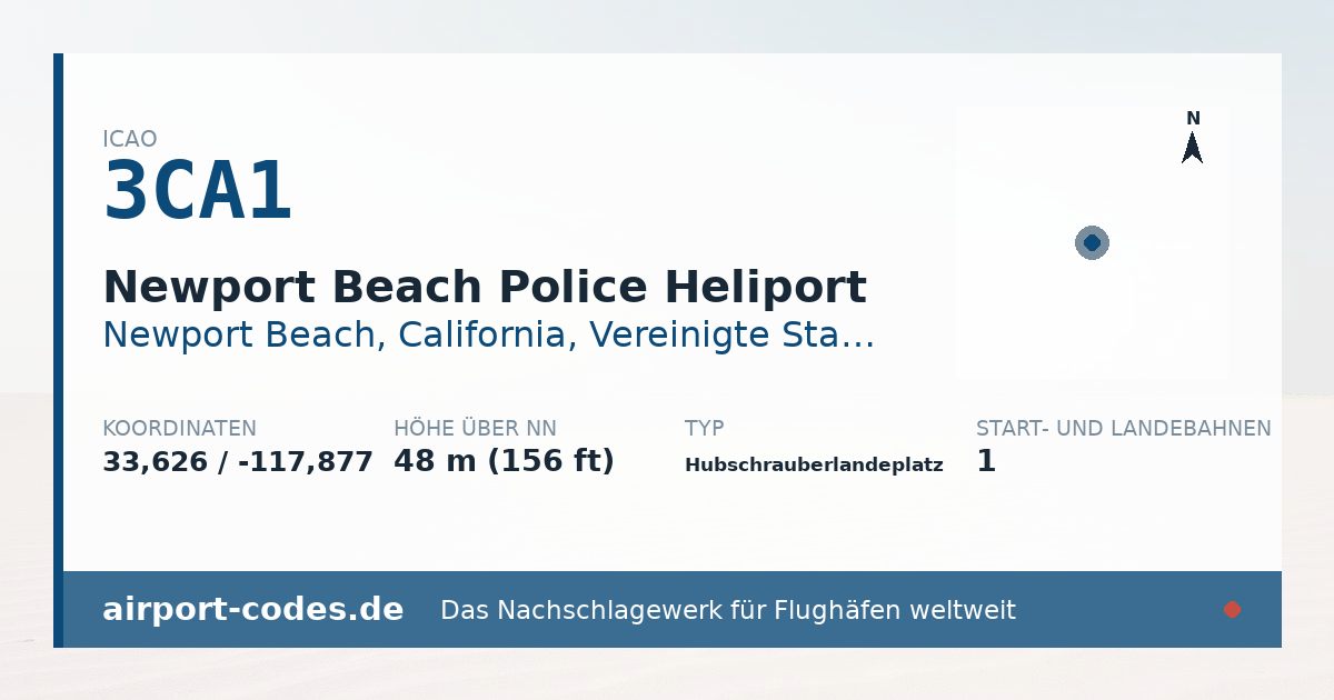 Generierte Übersichtsgrafik zum Flughafen Newport Beach Police Heliport mit Codes, Koordinaten und Bahnenskizze