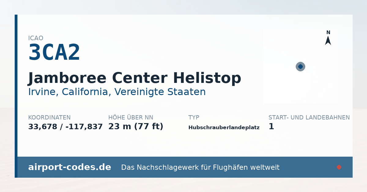 Generierte Übersichtsgrafik zum Flughafen Jamboree Center Helistop mit Codes, Koordinaten und Bahnenskizze