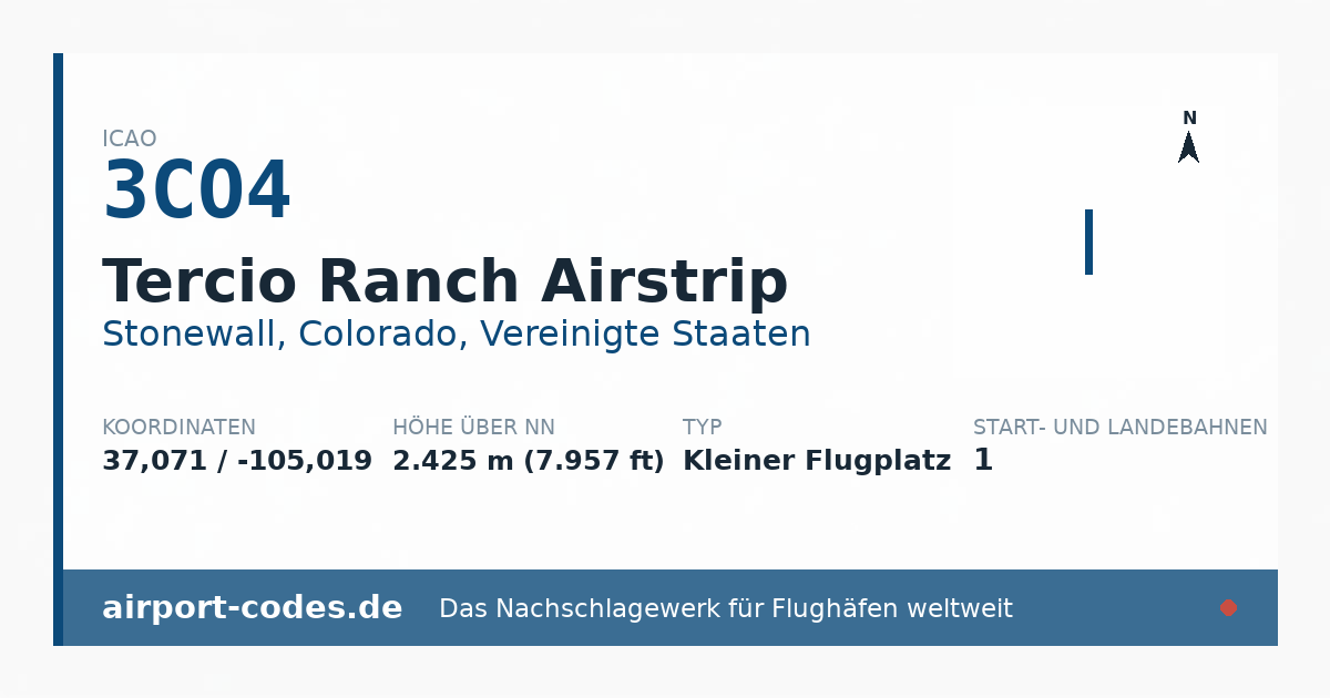 Generierte Übersichtsgrafik zum Flughafen Tercio Ranch Airstrip mit Codes, Koordinaten und Bahnenskizze