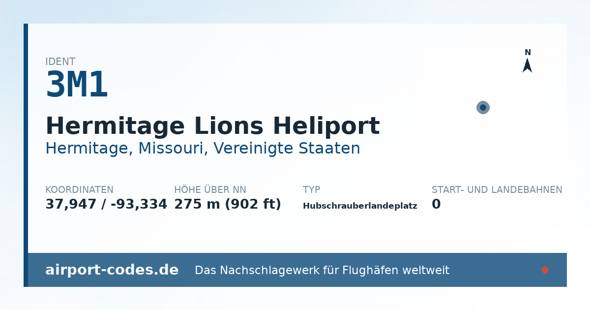 Generierte Übersichtsgrafik zum Flughafen Hermitage Lions Heliport mit Codes, Koordinaten und Bahnenskizze