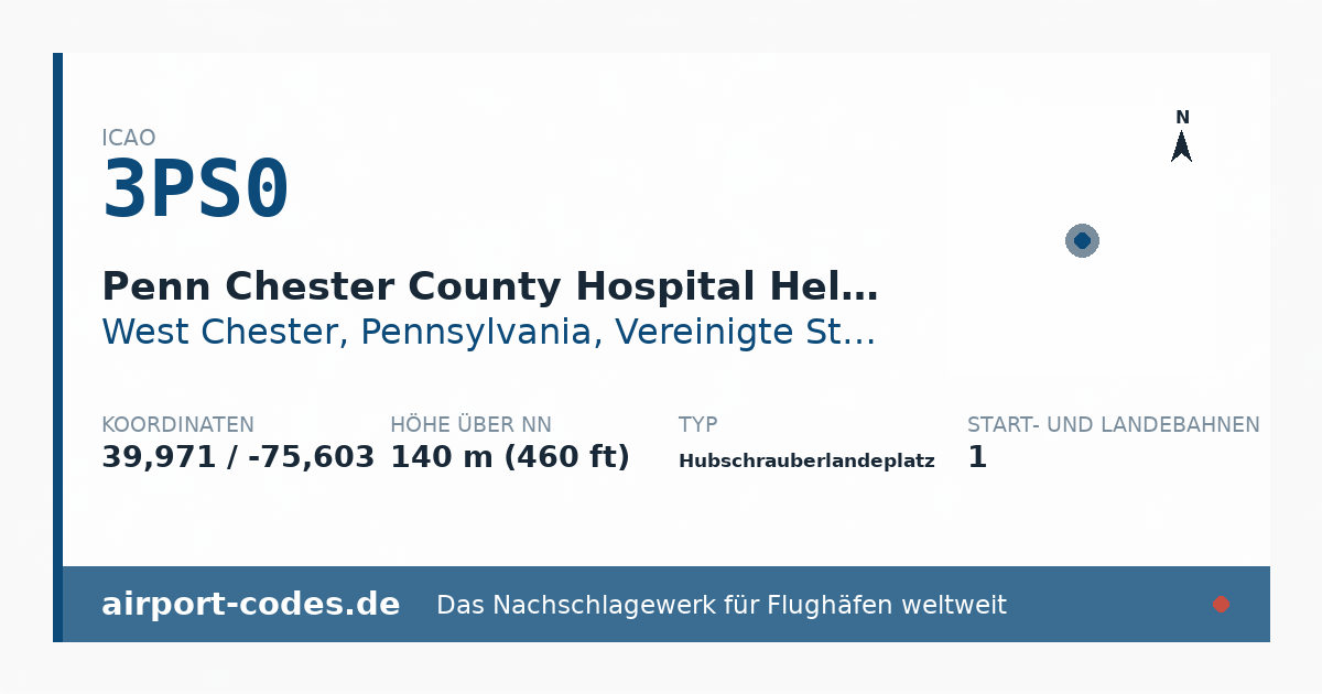 Generierte Übersichtsgrafik zum Flughafen Penn Chester County Hospital Heliport mit Codes, Koordinaten und Bahnenskizze