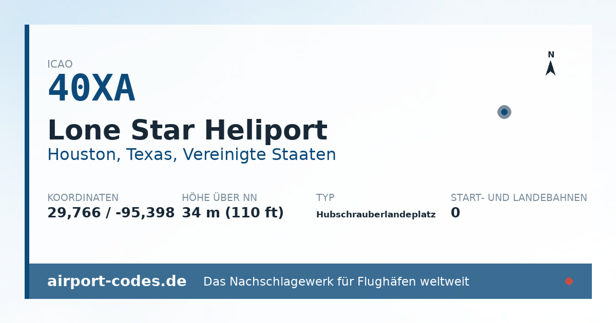 Generierte Übersichtsgrafik zum Flughafen Lone Star Heliport mit Codes, Koordinaten und Bahnenskizze