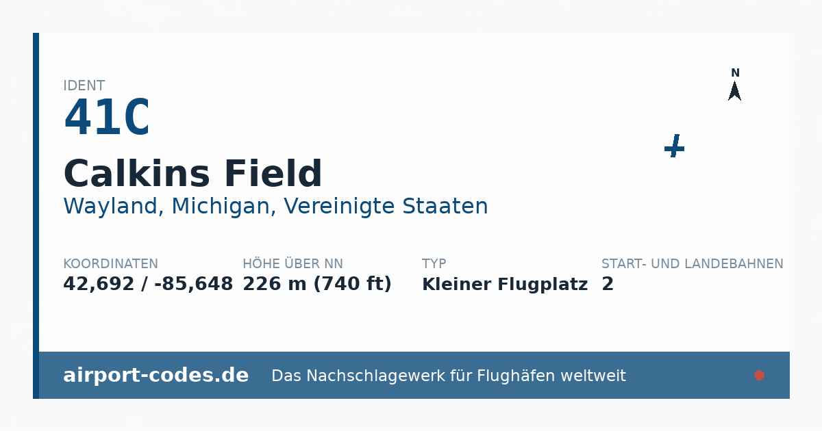 Generierte Übersichtsgrafik zum Flughafen Calkins Field mit Codes, Koordinaten und Bahnenskizze