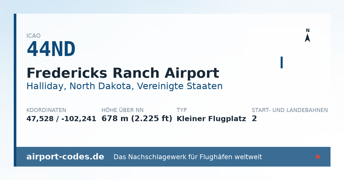 Generierte Übersichtsgrafik zum Flughafen Fredericks Ranch Airport mit Codes, Koordinaten und Bahnenskizze