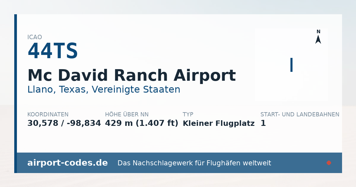 Generierte Übersichtsgrafik zum Flughafen Mc David Ranch Airport mit Codes, Koordinaten und Bahnenskizze