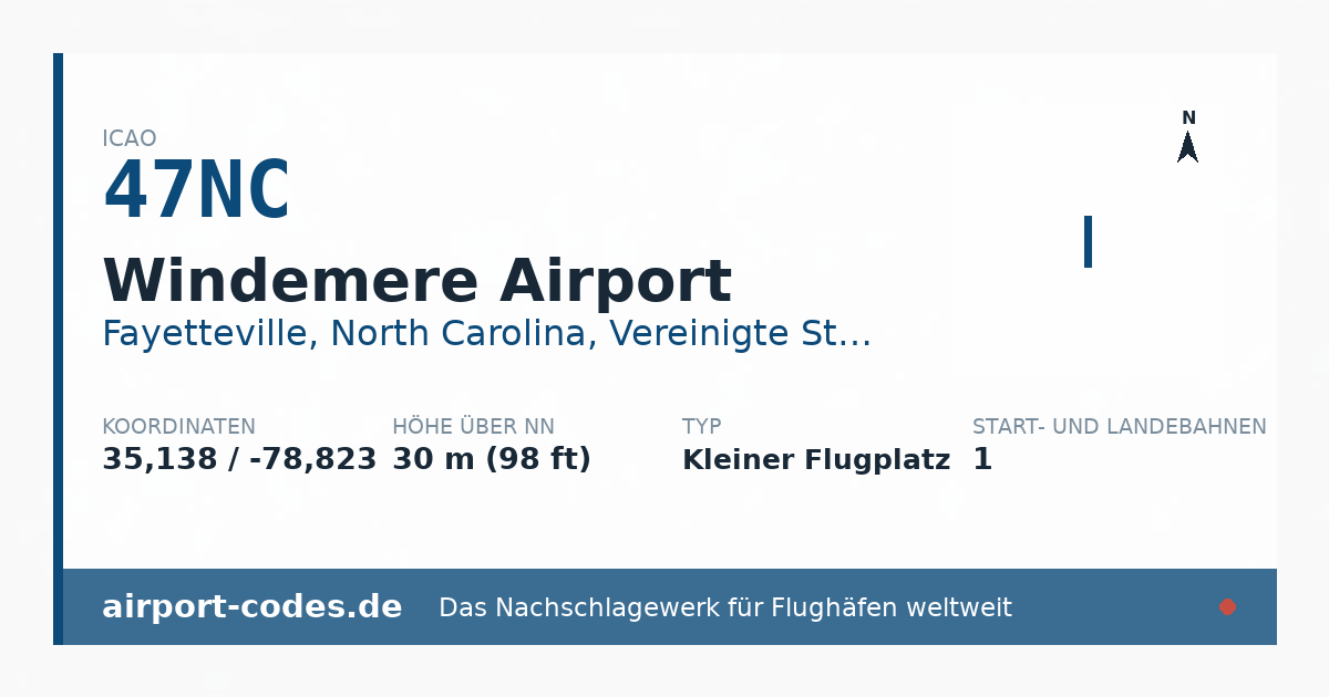 Generierte Übersichtsgrafik zum Flughafen Windemere Airport mit Codes, Koordinaten und Bahnenskizze
