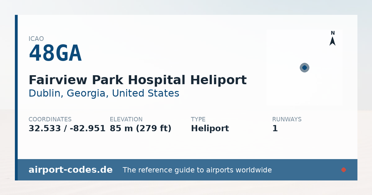 Generated summary graphic for Fairview Park Hospital Heliport showing codes, coordinates and a runway sketch