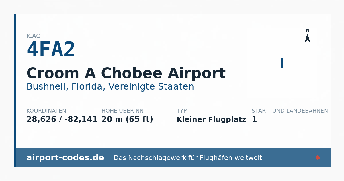 Generierte Übersichtsgrafik zum Flughafen Croom A Chobee Airport mit Codes, Koordinaten und Bahnenskizze