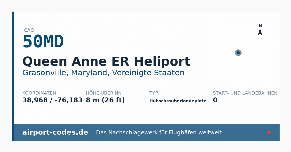 Generierte Übersichtsgrafik zum Flughafen Queen Anne ER Heliport mit Codes, Koordinaten und Bahnenskizze