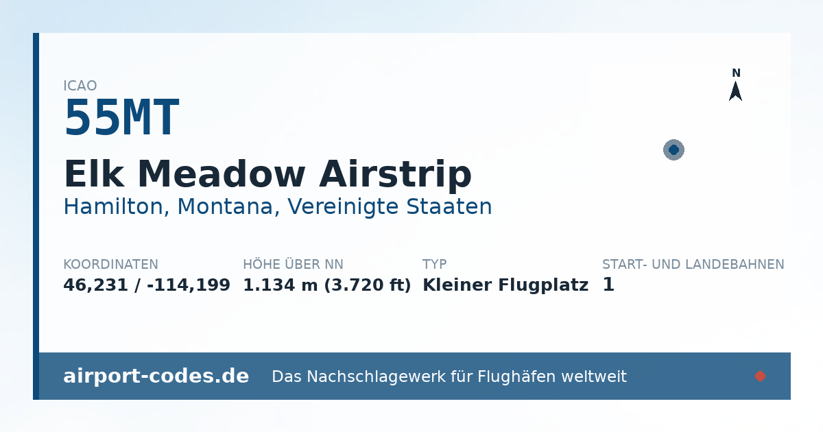 Generierte Übersichtsgrafik zum Flughafen Elk Meadow Airstrip mit Codes, Koordinaten und Bahnenskizze