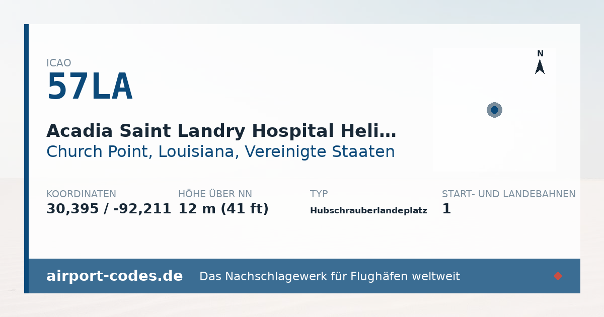 Generierte Übersichtsgrafik zum Flughafen Acadia Saint Landry Hospital Heliport mit Codes, Koordinaten und Bahnenskizze