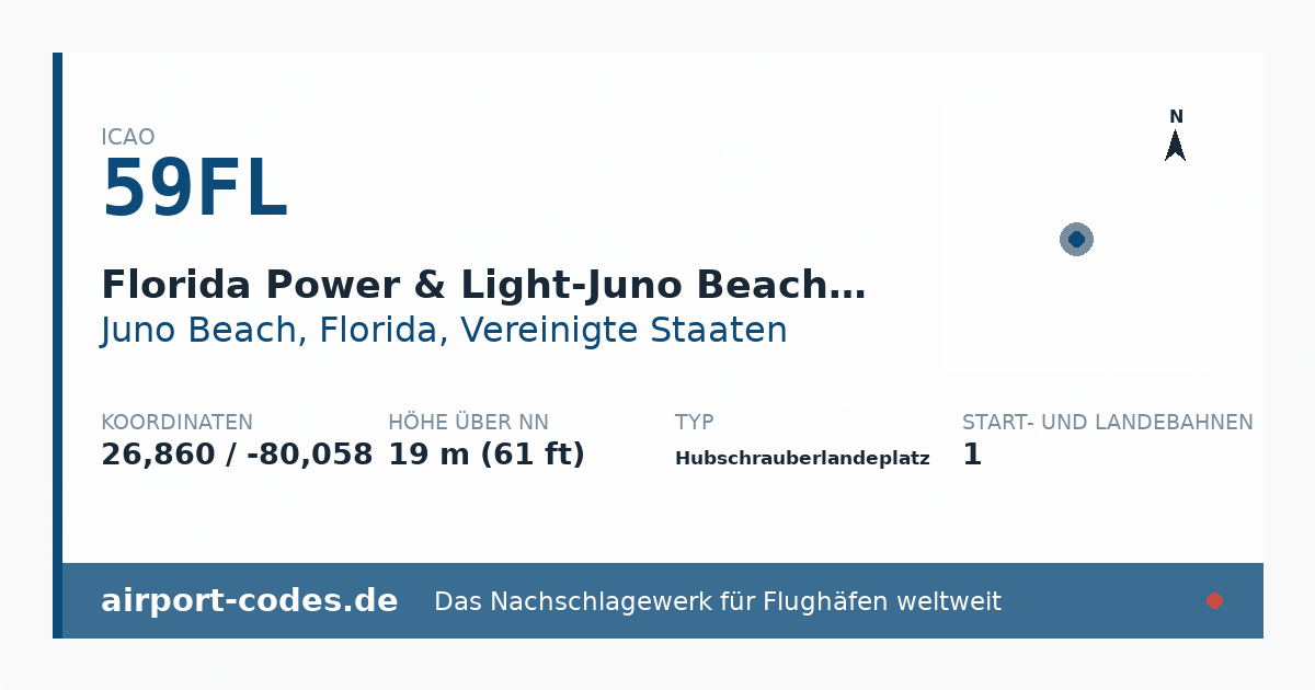 Generierte Übersichtsgrafik zum Flughafen Florida Power & Light-Juno Beach Heliport mit Codes, Koordinaten und Bahnenskizze