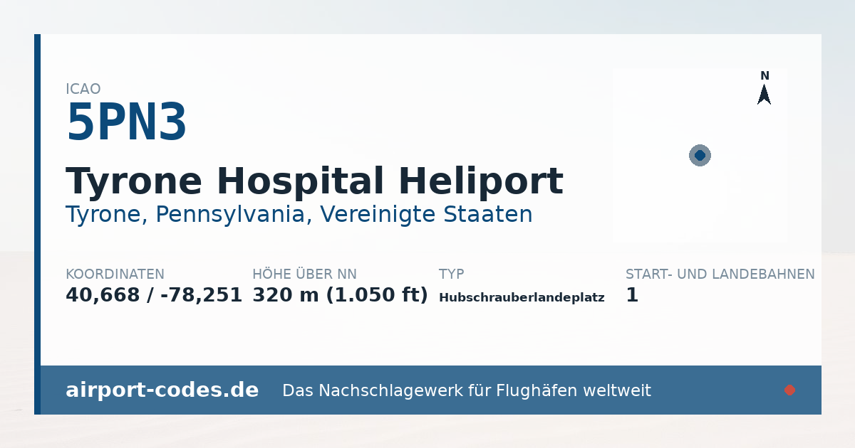 Generierte Übersichtsgrafik zum Flughafen Tyrone Hospital Heliport mit Codes, Koordinaten und Bahnenskizze