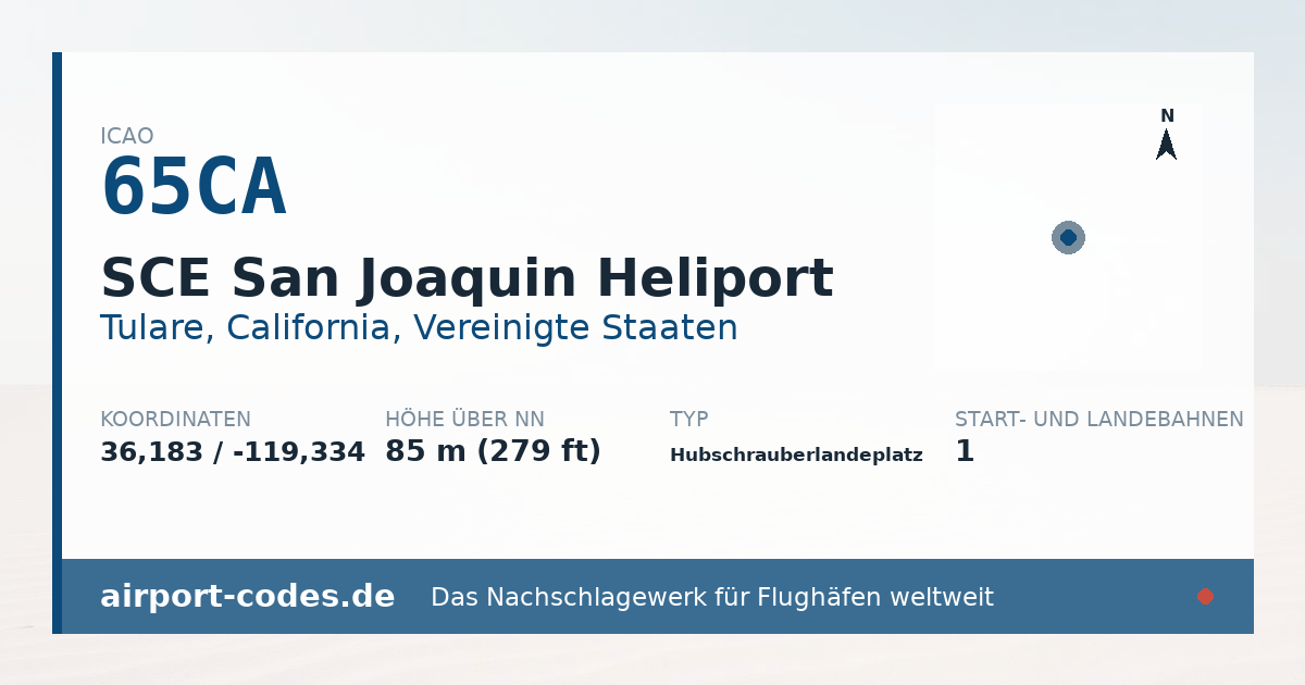 Generierte Übersichtsgrafik zum Flughafen SCE San Joaquin Heliport mit Codes, Koordinaten und Bahnenskizze