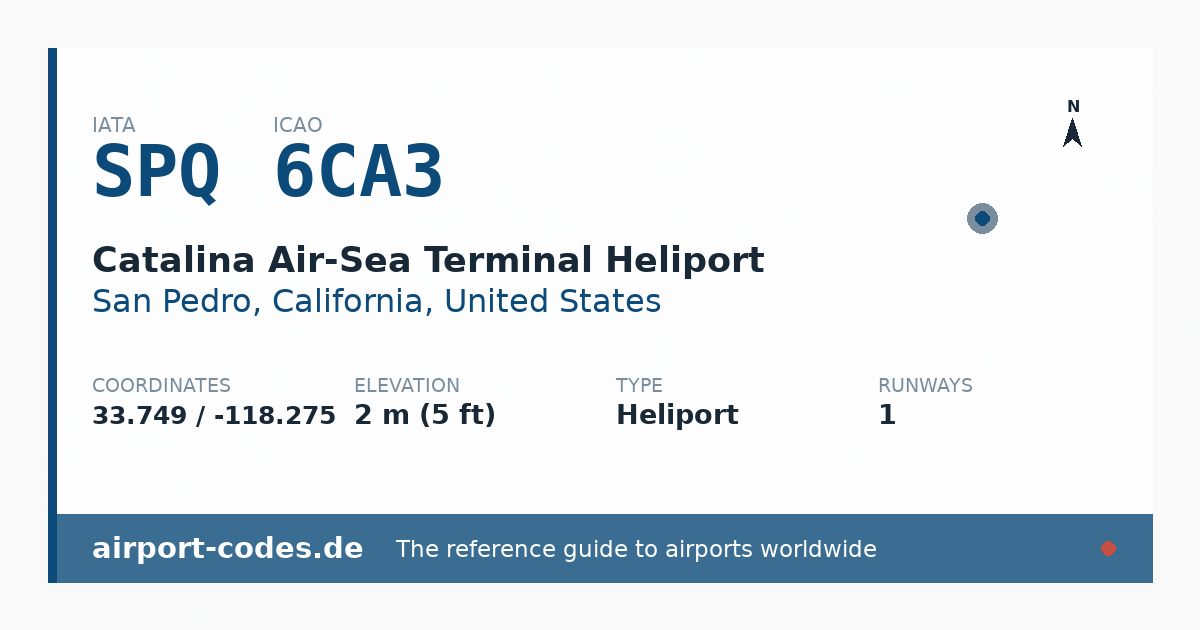 Generated summary graphic for Catalina Air-Sea Terminal Heliport showing codes, coordinates and a runway sketch