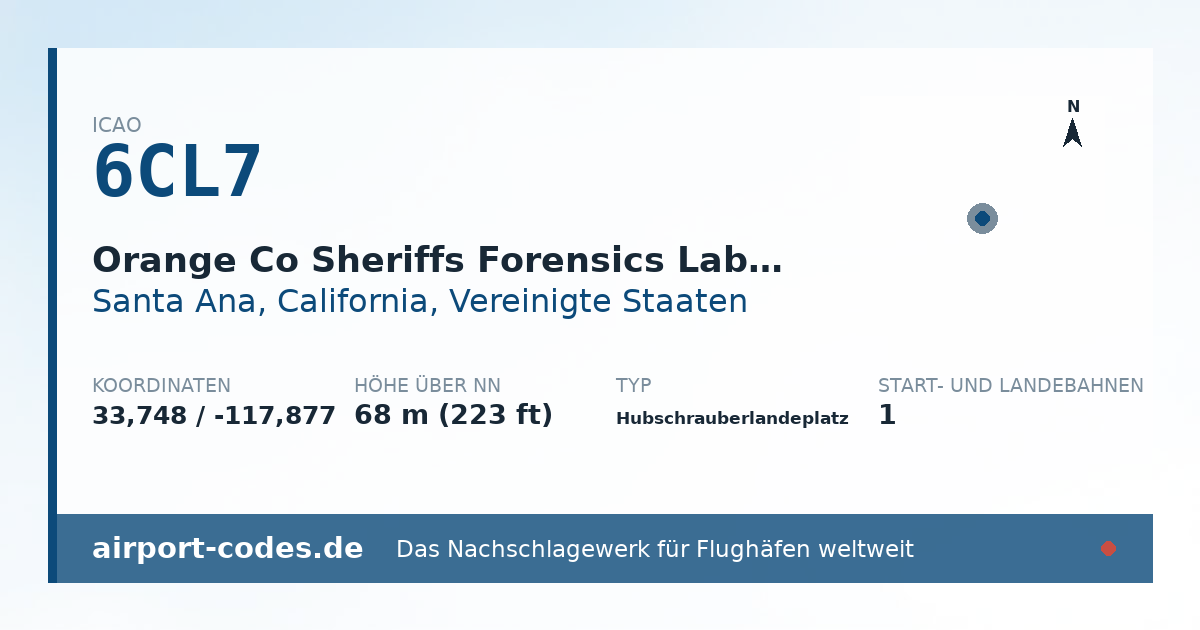 Generierte Übersichtsgrafik zum Flughafen Orange Co Sheriffs Forensics Lab Helistop mit Codes, Koordinaten und Bahnenskizze