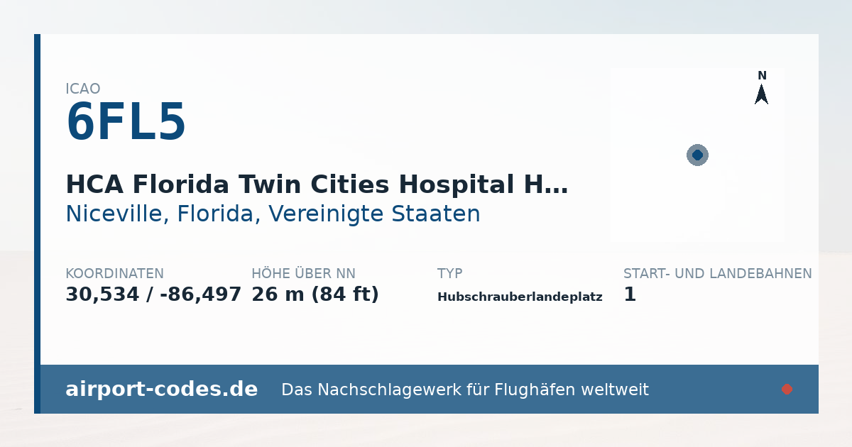 Generierte Übersichtsgrafik zum Flughafen HCA Florida Twin Cities Hospital Heliport mit Codes, Koordinaten und Bahnenskizze
